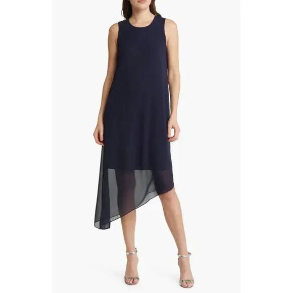 NWOT SAMPLE Kobi Halperin Pixie High-Low Semi-Sheer Georgette Dress in Navy Sz S